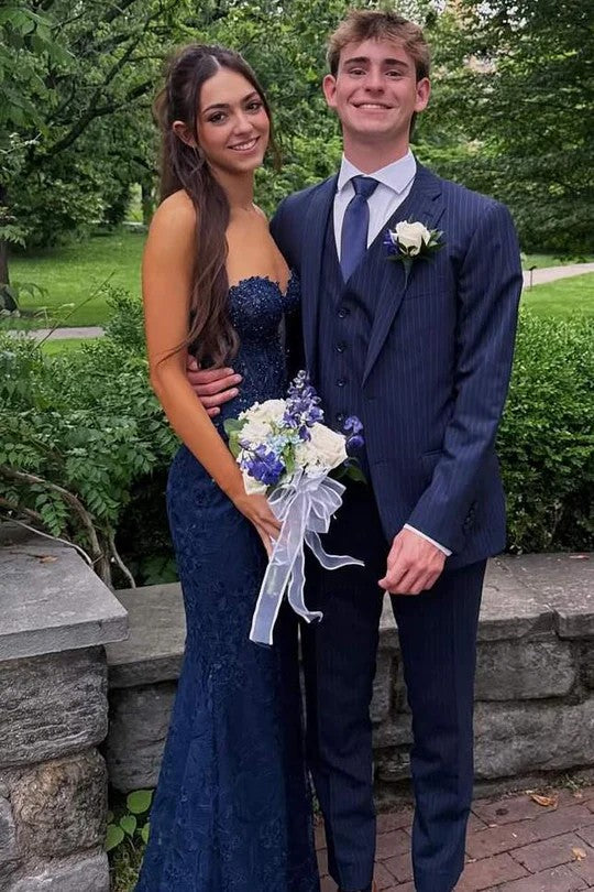 Lumidress Navy Blue Strapless Sweetheart Mermaid Prom Dress with Lace Appliqués