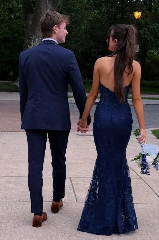 Lumidress Navy Blue Strapless Sweetheart Mermaid Prom Dress with Lace Appliqués