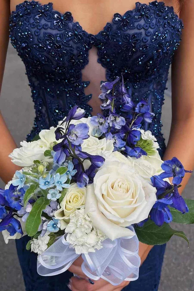 Lumidress Navy Blue Strapless Sweetheart Mermaid Prom Dress with Lace Appliqués