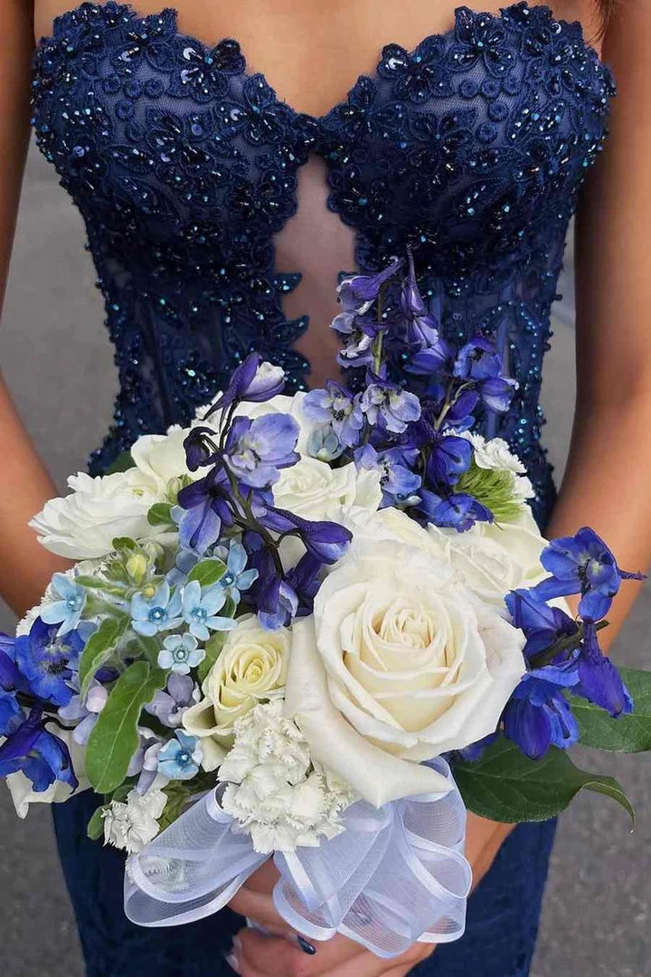 Lumidress Navy Blue Strapless Sweetheart Mermaid Prom Dress with Lace Appliqués