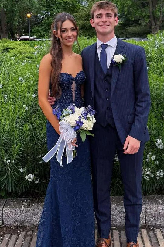 Lumidress Navy Blue Strapless Sweetheart Mermaid Prom Dress with Lace Appliqués