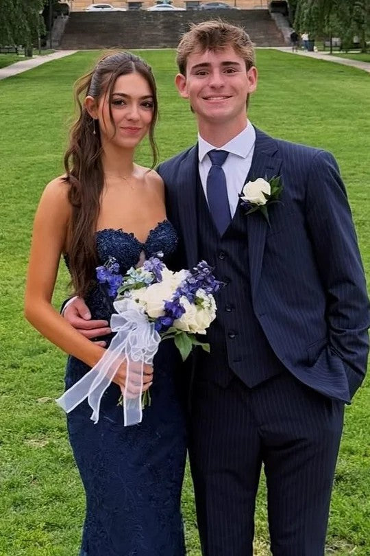 Lumidress Navy Blue Strapless Sweetheart Mermaid Prom Dress with Lace Appliqués