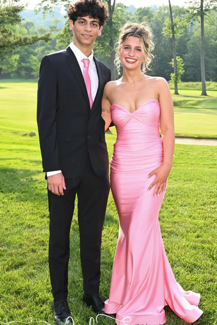 Lumidress Elegant Strapless V-Neck Pleated Satin Sleeveless Long Prom Dress