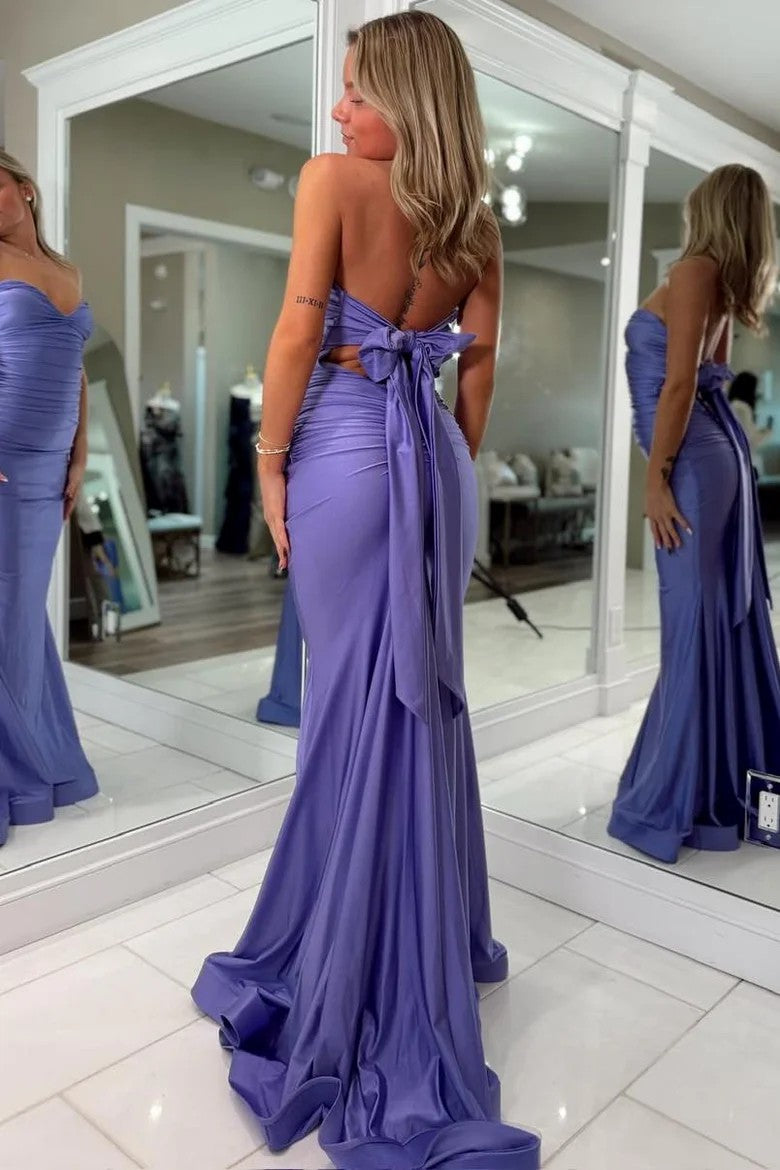 Lumidress Elegant Strapless V-Neck Pleated Satin Sleeveless Long Prom Dress
