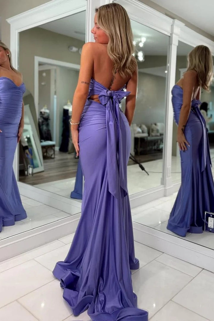 Lumidress Elegant Strapless V-Neck Pleated Satin Sleeveless Long Prom Dress