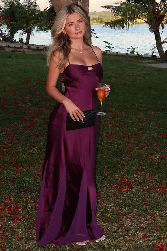 Lumidress Romantic Purple Spaghetti Strap Satin Floor-Length Formal Prom Gown