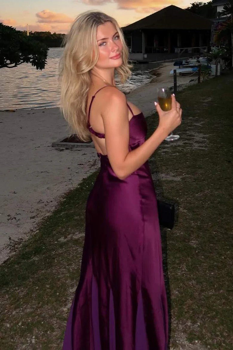 Lumidress Romantic Purple Spaghetti Strap Satin Floor-Length Formal Prom Gown