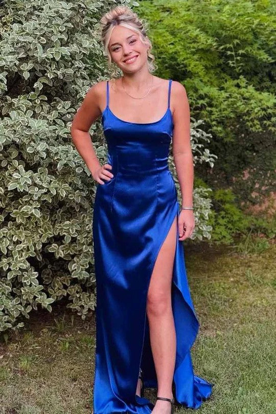 Lumidress Royal Blue Spaghetti Straps Pleated Satin Long Prom Dress with High Slit