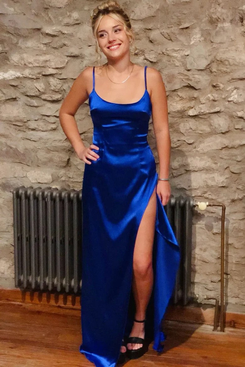 Lumidress Royal Blue Spaghetti Straps Pleated Satin Long Prom Dress with High Slit