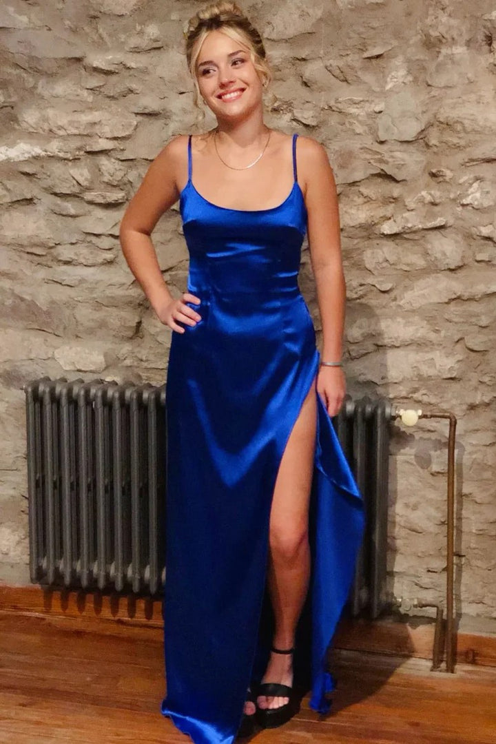 Lumidress Royal Blue Spaghetti Straps Pleated Satin Long Prom Dress with High Slit