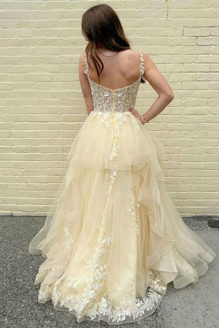 Elegant Champagne V-Neck Layered Tulle A-Line Evening Gown with Lace Appliqués