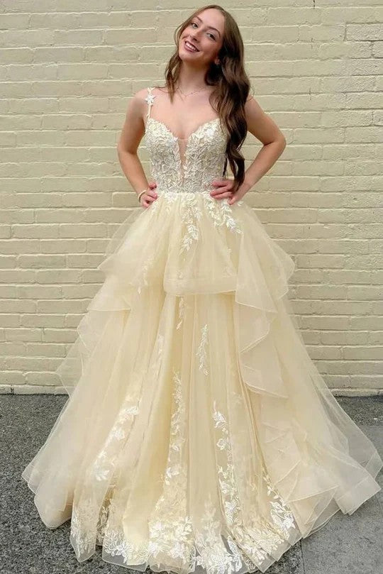 Elegant Champagne V-Neck Layered Tulle A-Line Evening Gown with Lace Appliqués