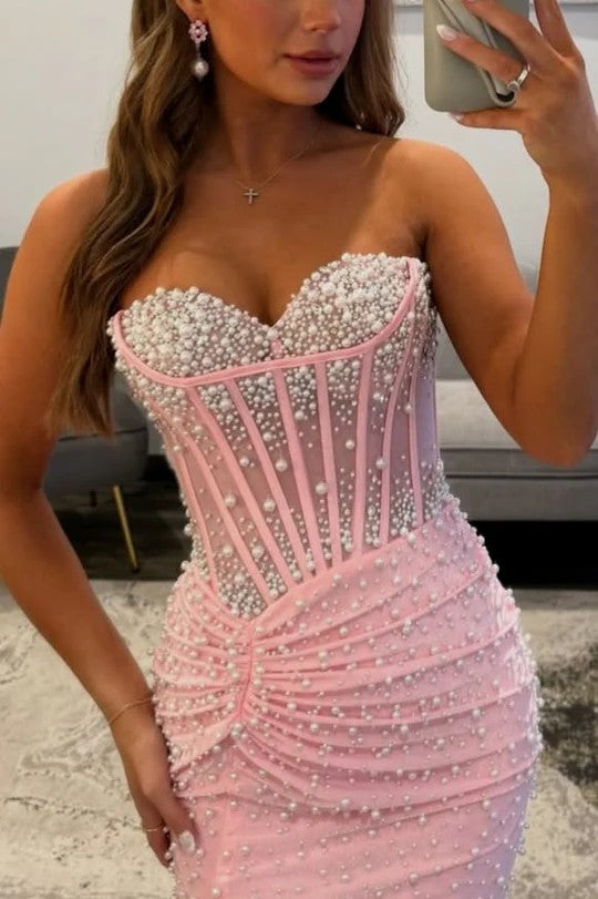 Lumidress Luxury Pink Strapless Pearl Beaded Mermaid Prom Dress with Slit