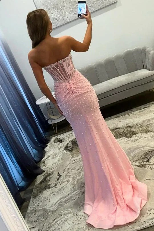 Lumidress Luxury Pink Strapless Pearl Beaded Mermaid Prom Dress with Slit