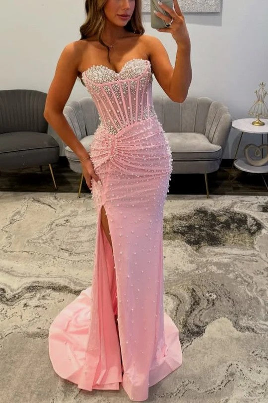Lumidress Luxury Pink Strapless Pearl Beaded Mermaid Prom Dress with Slit