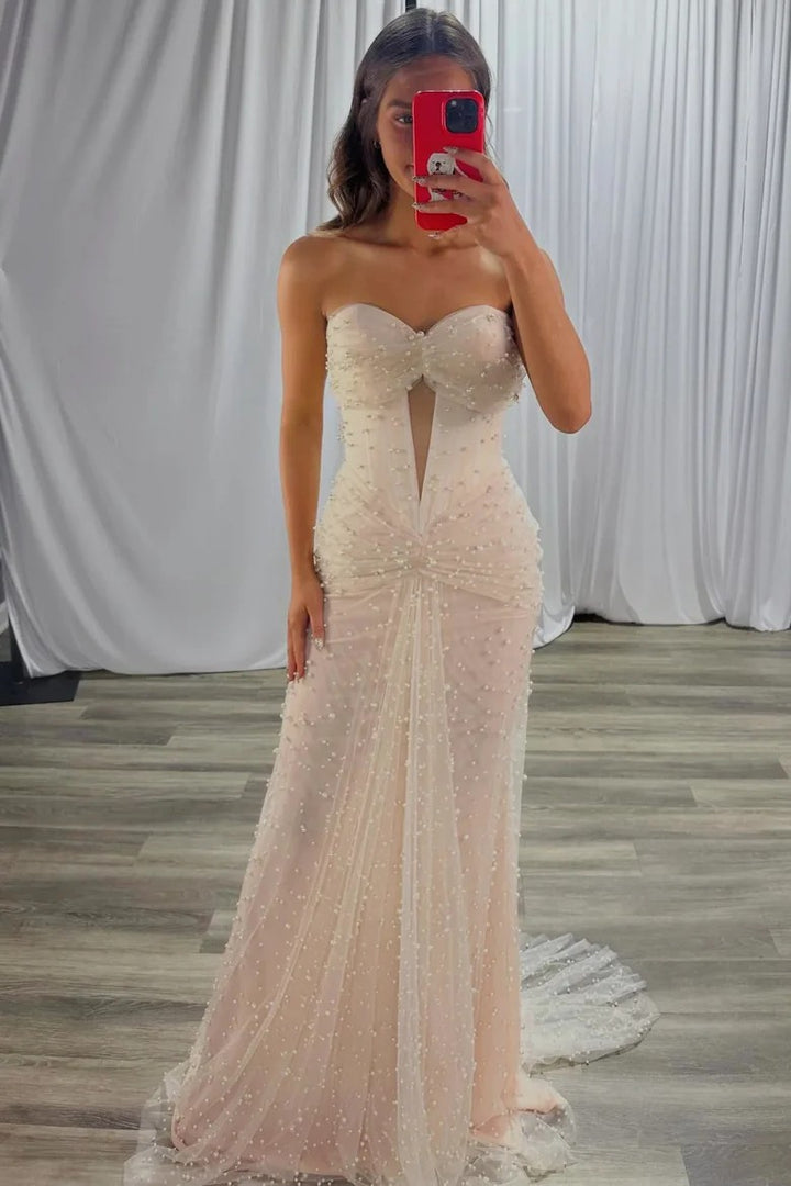 Lumidress Light Pink Strapless Sweetheart Beaded Twist Mermaid Tulle Prom Dress