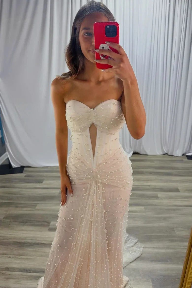 Lumidress Light Pink Strapless Sweetheart Beaded Twist Mermaid Tulle Prom Dress