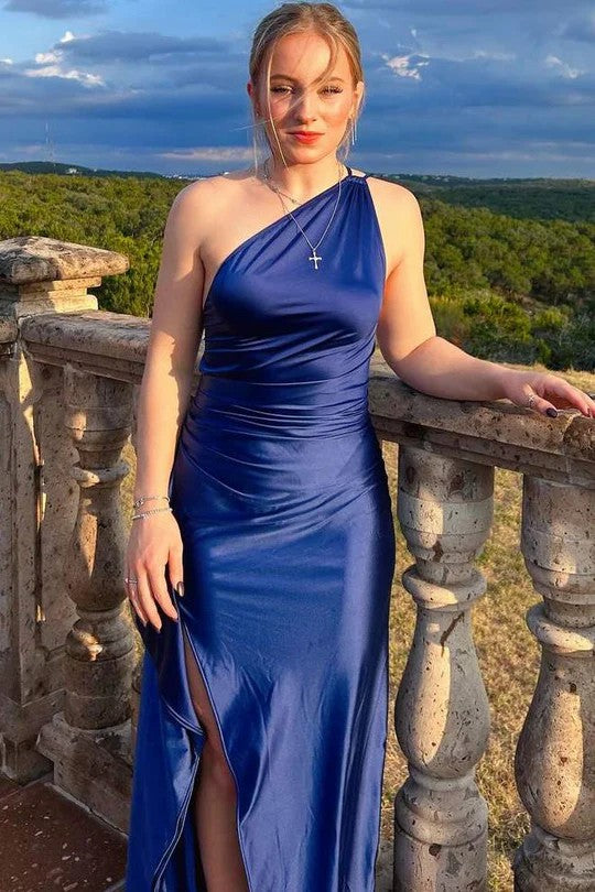 Lumidress Elegant One-Shoulder Ruffled Satin Long Prom Dress with Pleats &amp; Slit