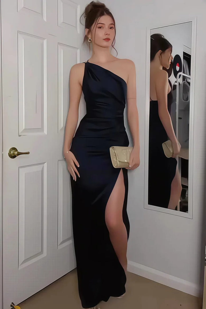 Lumidress Elegant One-Shoulder Ruffled Satin Long Prom Dress with Pleats &amp; Slit