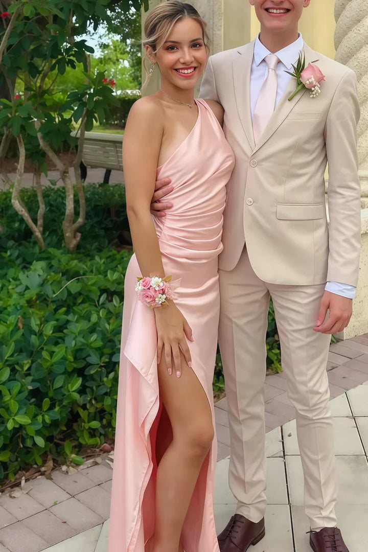 Lumidress Elegant One-Shoulder Ruffled Satin Long Prom Dress with Pleats &amp; Slit