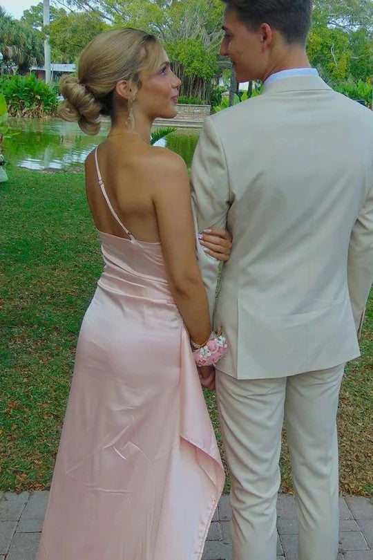 Lumidress Elegant One-Shoulder Ruffled Satin Long Prom Dress with Pleats &amp; Slit