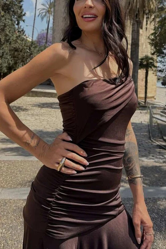 Lumidress Elegant One-Shoulder Ruched Satin Sheath Evening Dress with High Slit