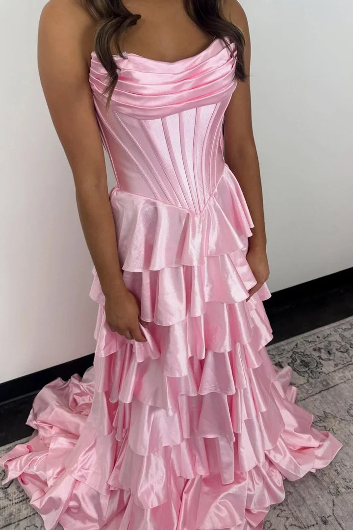 Lumidress Elegant Strapless A-Line Satin Tiered Ruffle Prom Dress with Slit