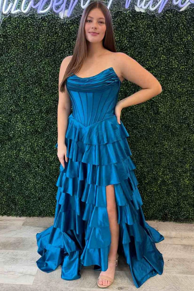 Lumidress Elegant Strapless A-Line Satin Tiered Ruffle Prom Dress with Slit