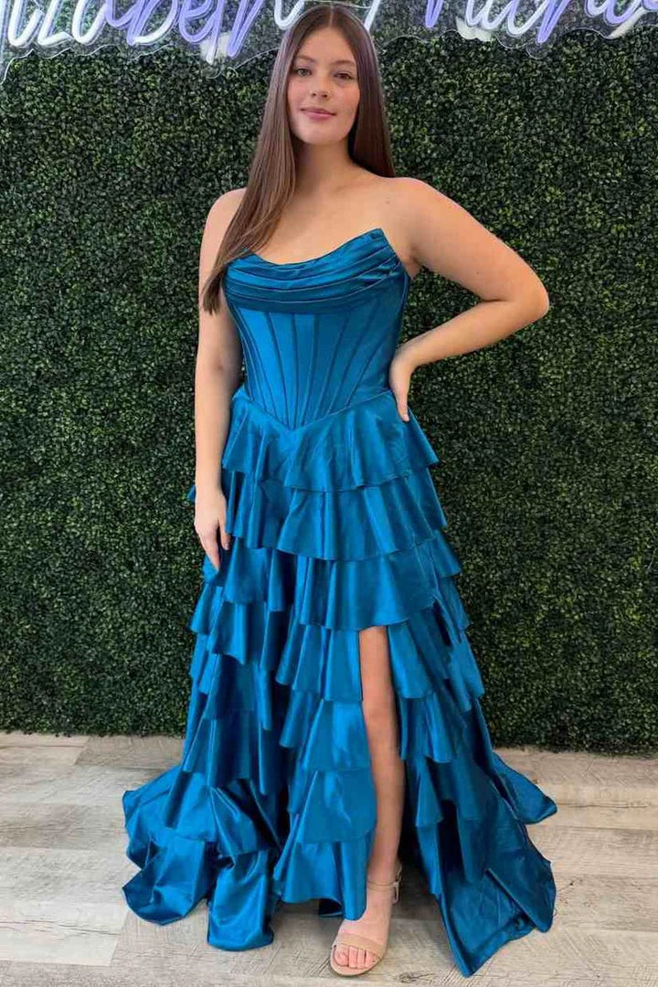 Lumidress Elegant Strapless A-Line Satin Tiered Ruffle Prom Dress with Slit