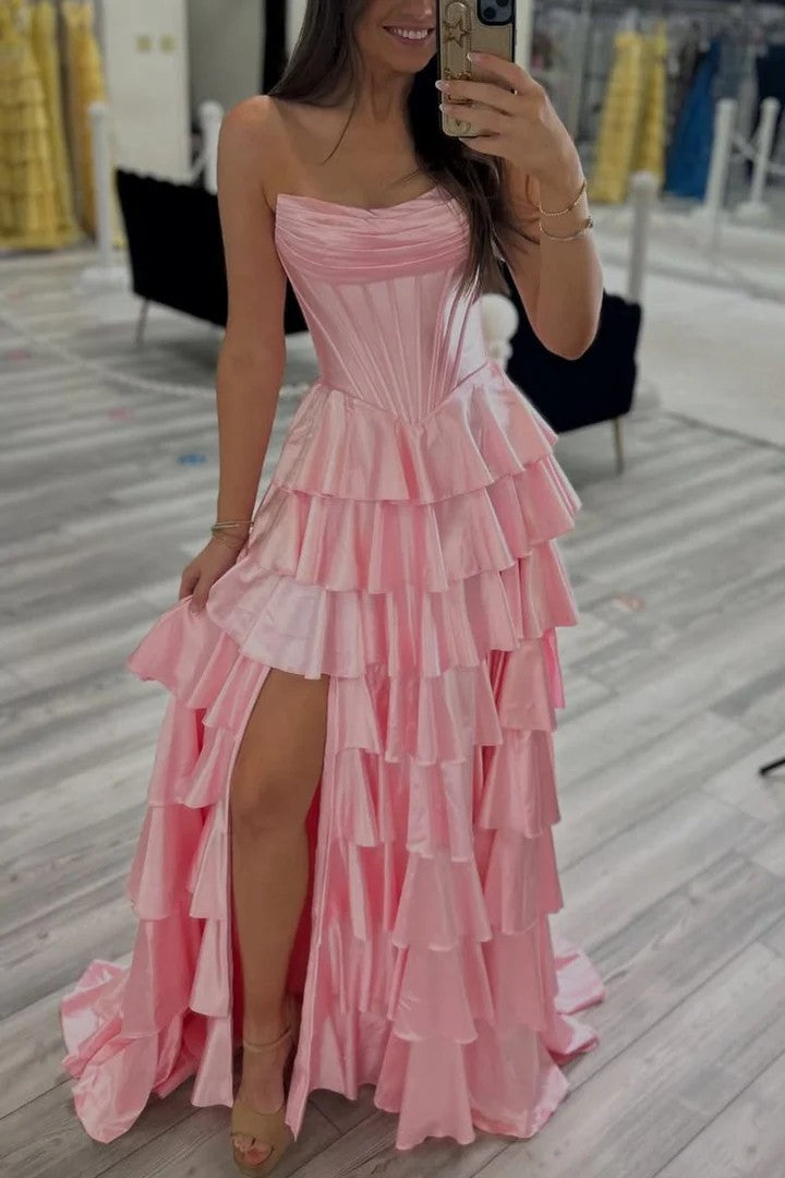 Lumidress Elegant Strapless A-Line Satin Tiered Ruffle Prom Dress with Slit