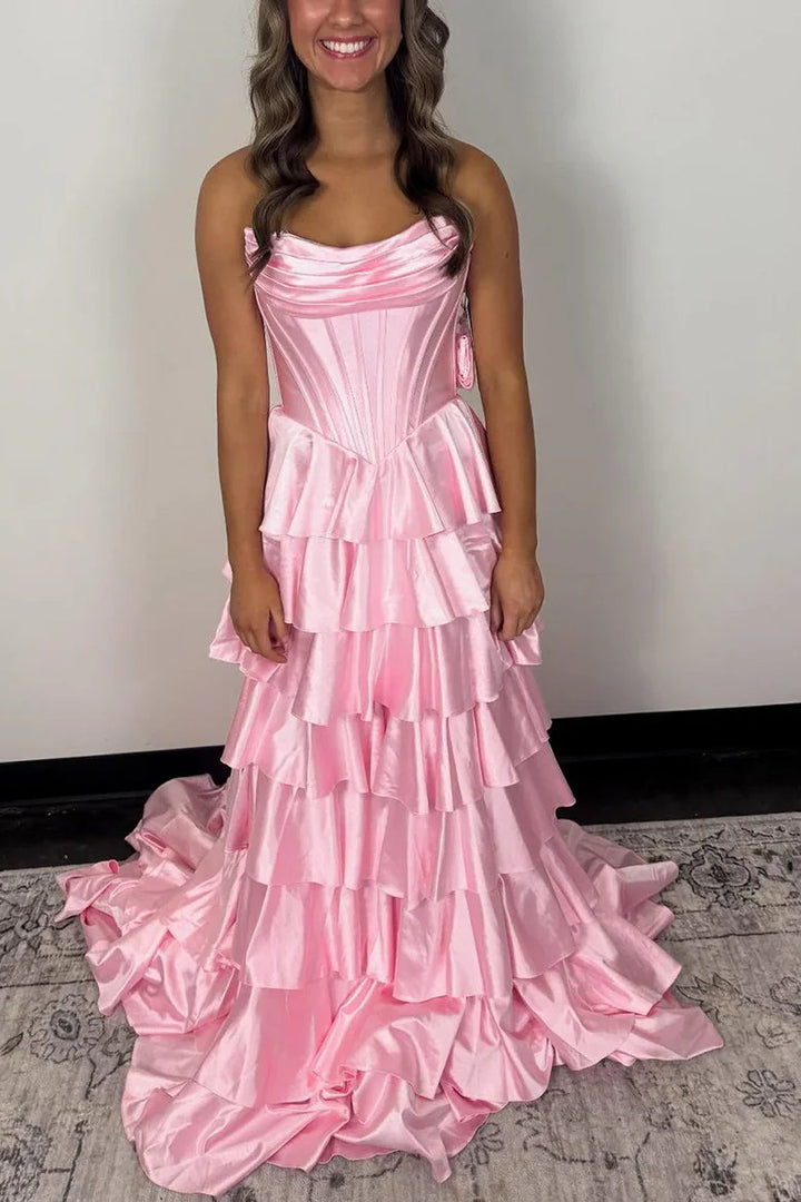 Lumidress Elegant Strapless A-Line Satin Tiered Ruffle Prom Dress with Slit