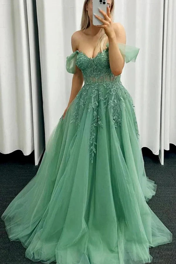 Lumidress Elegant Off-the-Shoulder Green Lace Long Prom Dress