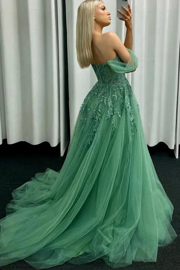 Lumidress Elegant Off-the-Shoulder Green Lace Long Prom Dress