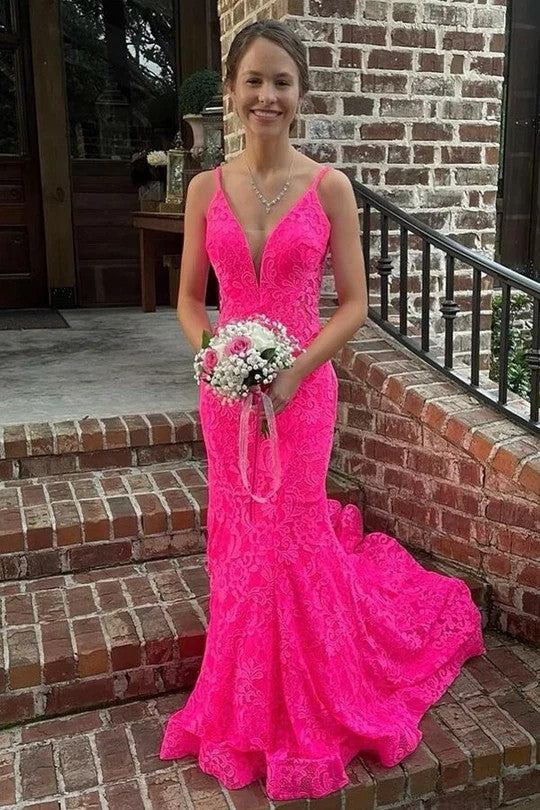 Lumidress Hot Pink Deep V-Neck Lace Mermaid Gown