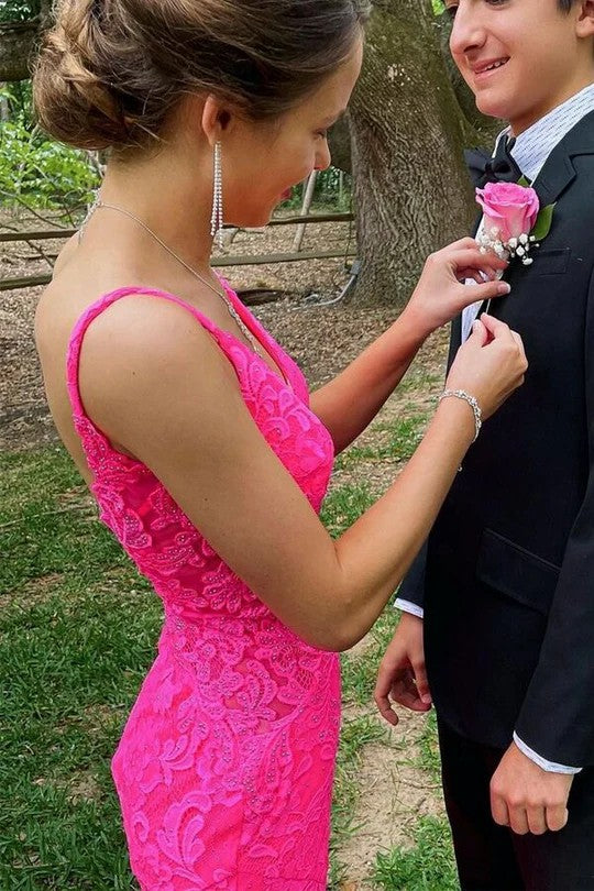 Lumidress Hot Pink Deep V-Neck Lace Mermaid Gown