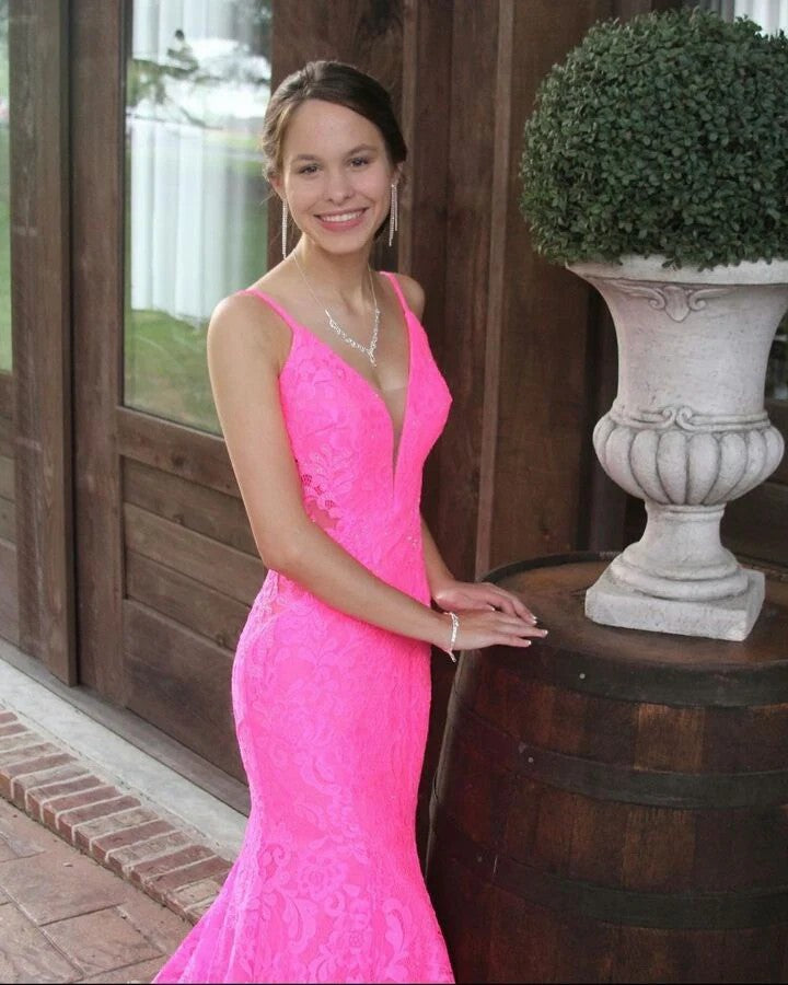 Lumidress Hot Pink Deep V-Neck Lace Mermaid Gown