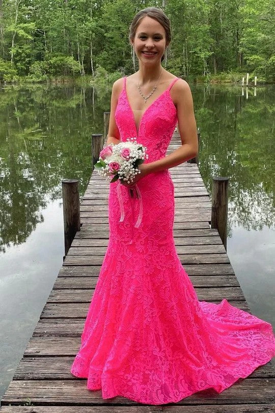Lumidress Hot Pink Deep V-Neck Lace Mermaid Gown