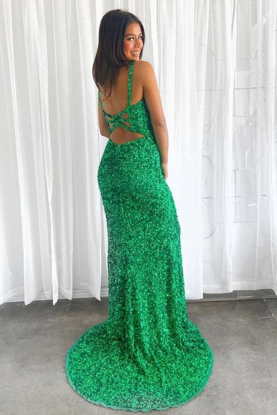 Lumidress Glamorous V-Neck Sleeveless Full-Sequin Evening Dress with Slit