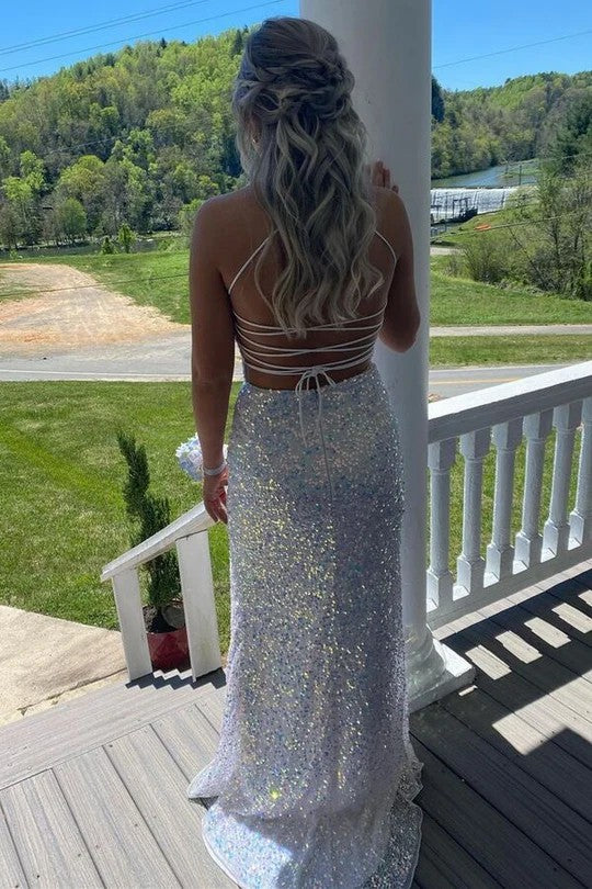 Lumidress Luxury White Scoop Neck Sequin Mermaid Evening Gown with Slit
