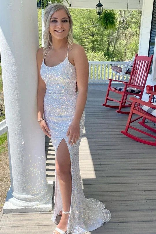Lumidress Luxury White Scoop Neck Sequin Mermaid Evening Gown with Slit