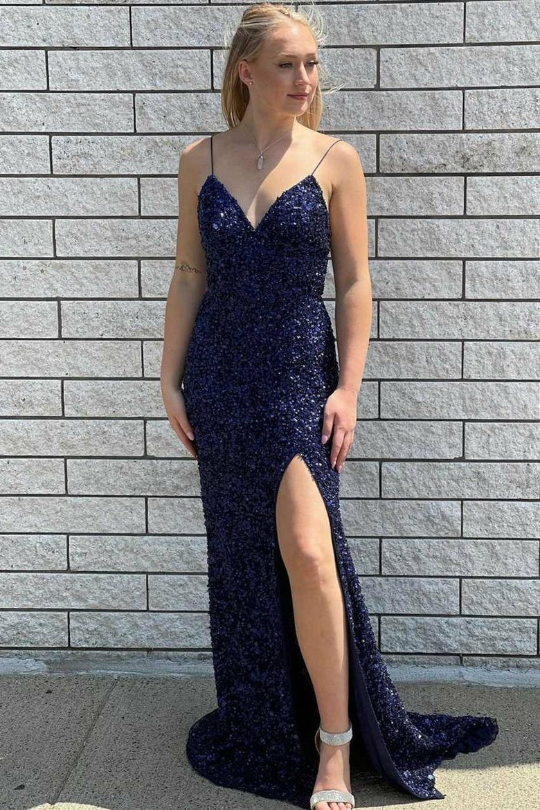 Lumidress Navy Blue Sequin Mermaid Prom Dress – V-Neck, Spaghetti Straps &amp; Side Slit