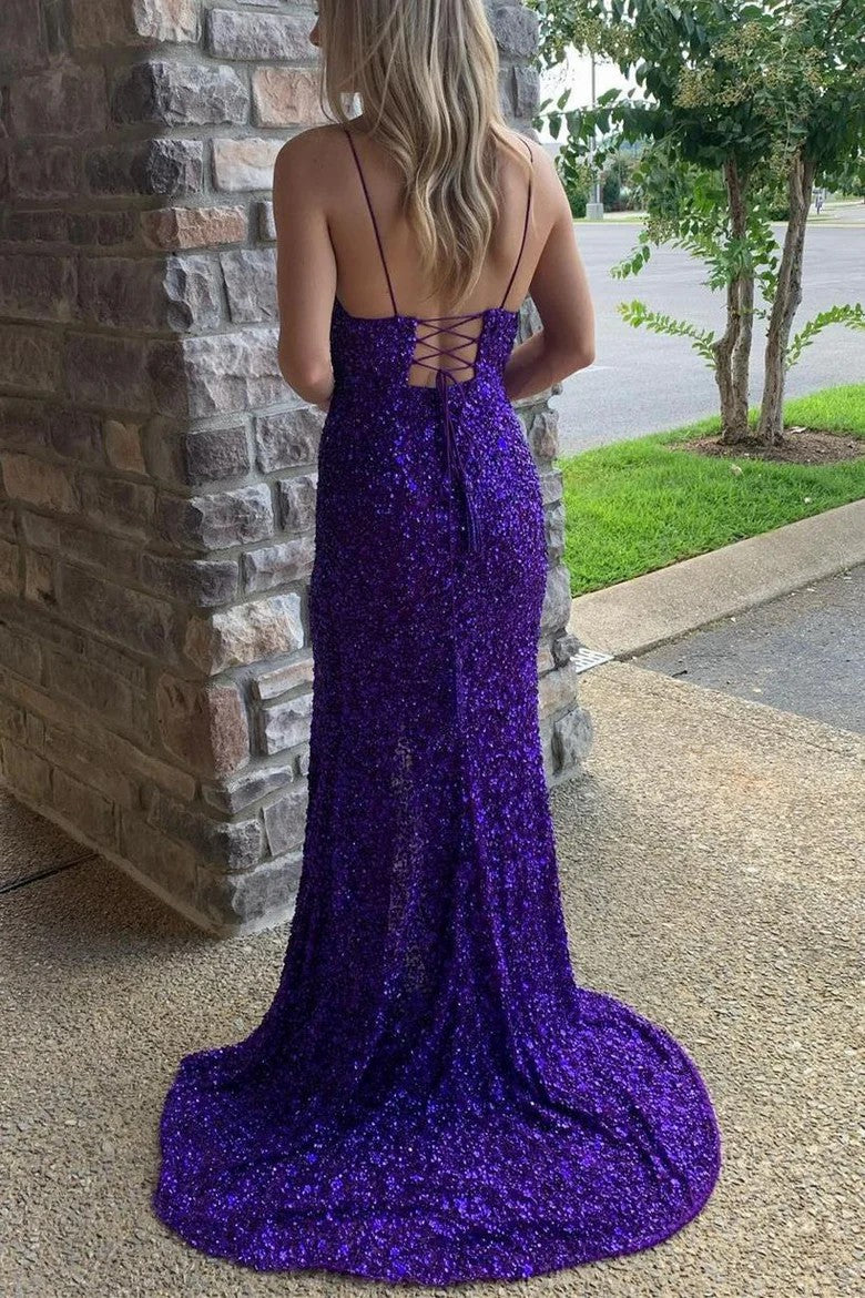 Lumidress Sparkling Spaghetti Straps V-Neck Sequins Prom Dress