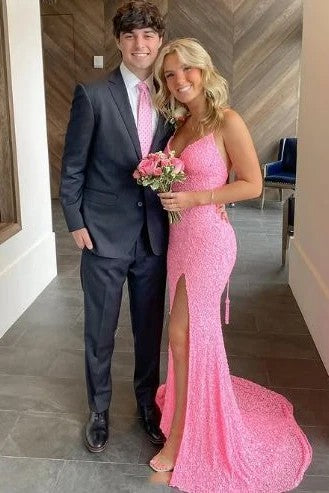 Lumidress Sparkling Spaghetti Straps V-Neck Sequins Prom Dress