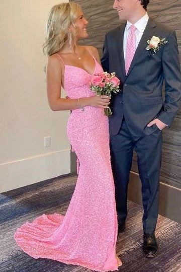 Lumidress Sparkling Spaghetti Straps V-Neck Sequins Prom Dress