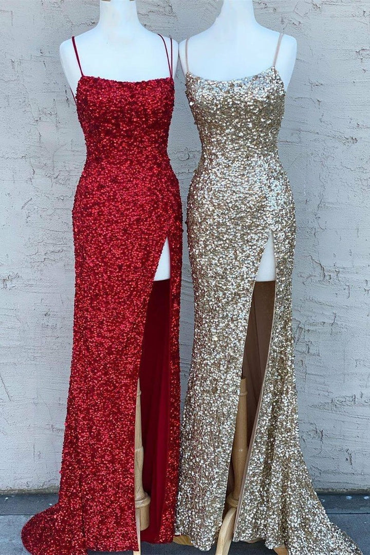 Lumidress Spaghetti Straps Sequin Mermaid Slit Formal Dress