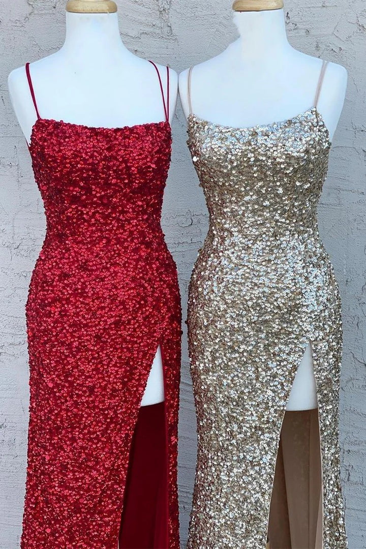 Lumidress Spaghetti Straps Sequin Mermaid Slit Formal Dress
