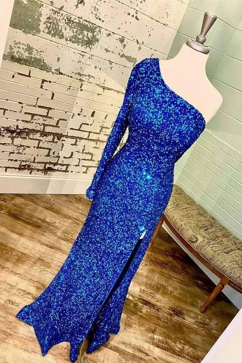 Lumidress Elegant One-Shoulder Long Sleeve Sequin Prom Dress
