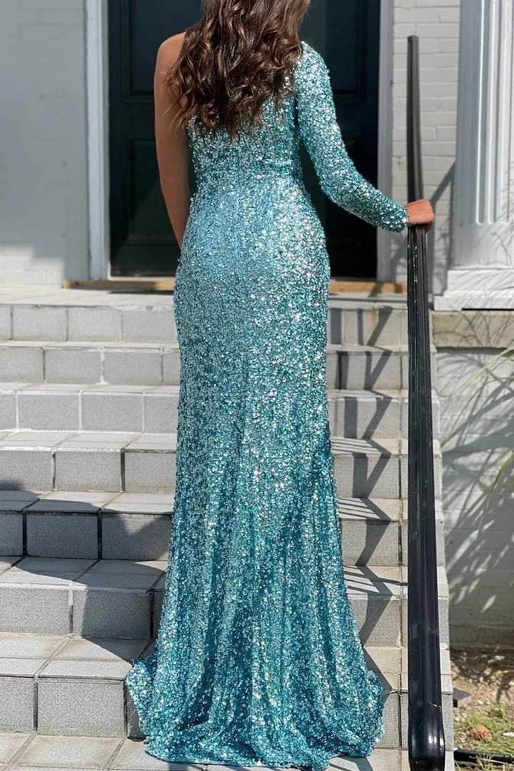 Lumidress Elegant One-Shoulder Long Sleeve Sequin Prom Dress