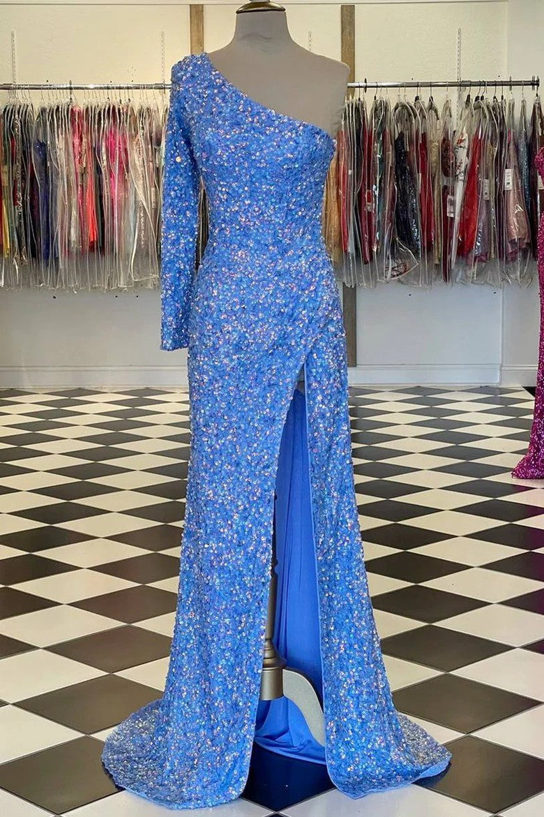 Lumidress Elegant One-Shoulder Long Sleeve Sequin Prom Dress