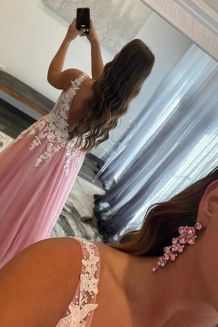 Lumidress Blush Pink Lace Appliqué Backless A-Line Prom Dress with Embroidery